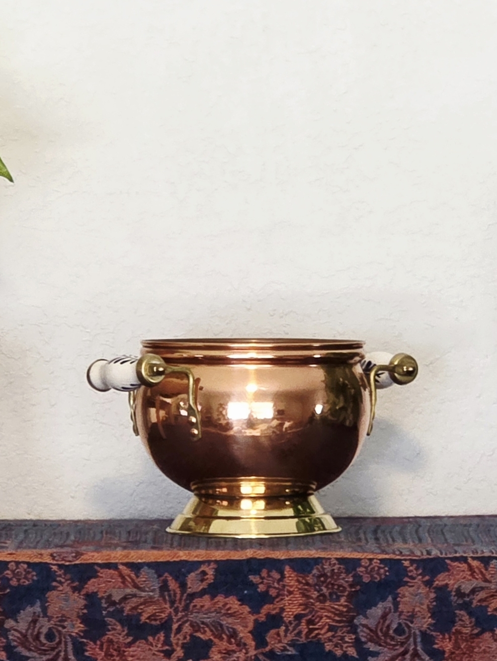 Copper And Brass Vintage Jardiniere Decorative Planter With Porcelain Handles